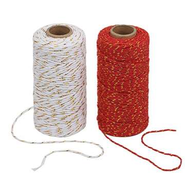Tenn Well Bakers Twine, 2 Roll x 328 Feet 2mm Gold Wire Combined Christmas Twine String Ribbon for Gift Wrapping, Baking, Crafting, Holiday Decorations