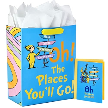 Hallmark 13" Large Dr. Seuss Graduation Gift Bag with Tissue Paper and Graduation Card (Oh, the Plac...