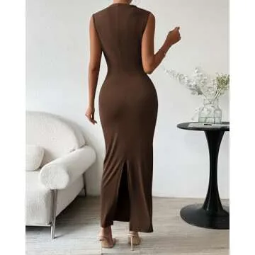 BTFBM Women's Ruched Bodycon Dress Summer Casual Sleeveless Back Slit Elegant Club Evening Party Cocktail Maxi Dresses(Solid Coffee, Medium)