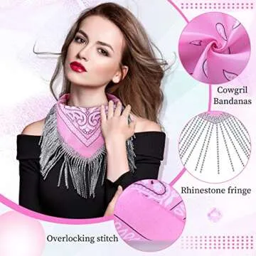 2 Pcs Disco Fringed Bandana Last Disco Party Paisley Bandanas Rhinestone Fringe Bandanas for Women Girls Western Party Favor (White, Pink)