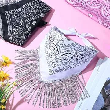 2 Pcs Disco Fringed Bandana Last Disco Party Paisley Bandanas Rhinestone Fringe Bandanas for Women Girls Western Party Favor (White, Pink)