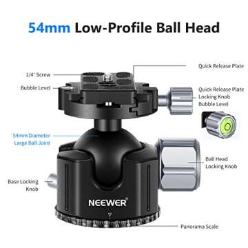 Neewer Low Profile DSLR Camera Tripod Ball Head, 54mm All Metal Panoramic Camera Mount Tripod Head with 1/4” Quick Release Plate for DSLR Camera/Camcorder, Tripod, Monopod, Slider, Max Load 77lb/35kg