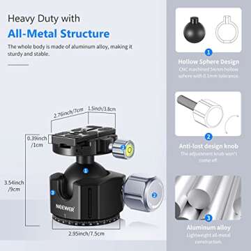 Neewer Low Profile DSLR Camera Tripod Ball Head, 54mm All Metal Panoramic Camera Mount Tripod Head with 1/4” Quick Release Plate for DSLR Camera/Camcorder, Tripod, Monopod, Slider, Max Load 77lb/35kg