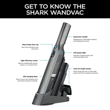 Shark WV201 WANDVAC Handheld Vacuum, Lightweight at 1.4 Pounds with Powerful Suction, Charging Dock, Single Touch Empty and Detachable Dust Cup,Graphite, Slate