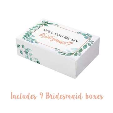 Pop Fizz Designs Bridesmaid Proposal Box Set I 10 Pack I 1 Maid of Honor Proposal Box and 9 Will You be My Bridesmaid Boxes I Greenery with Rose Gold Foil Bridesmaid Box for Bridesmaid Gifts