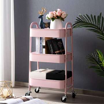 AGTEK Makeup Cart, Movable Rolling Organizer Cart, 3 Tier Metal Utility Cart Pink