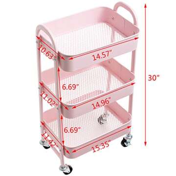 AGTEK Makeup Cart, Movable Rolling Organizer Cart, 3 Tier Metal Utility Cart Pink