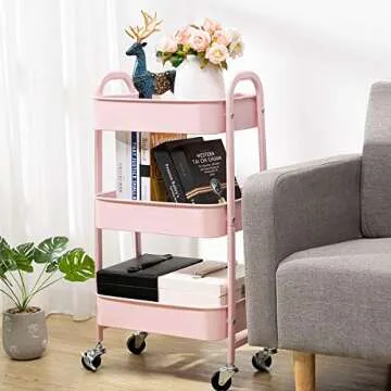 AGTEK Makeup Cart, Movable Rolling Organizer Cart, 3 Tier Metal Utility Cart Pink