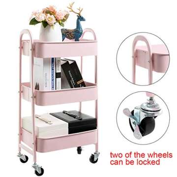AGTEK Makeup Cart, Movable Rolling Organizer Cart, 3 Tier Metal Utility Cart Pink