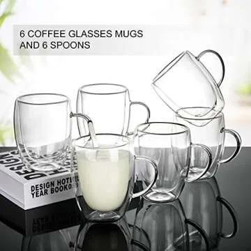 LIBWYS 6 Pack Double Walled Coffee Cups Glasses Mugs, 12oz Espresso Cappuccino Latte Tea Cups with Handle, Heat Resistant Borosilicate Clear Glasses 350ml