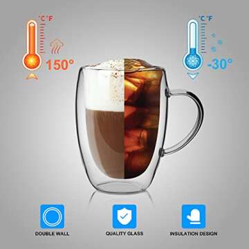 LIBWYS 6 Pack Double Walled Coffee Cups Glasses Mugs, 12oz Espresso Cappuccino Latte Tea Cups with Handle, Heat Resistant Borosilicate Clear Glasses 350ml
