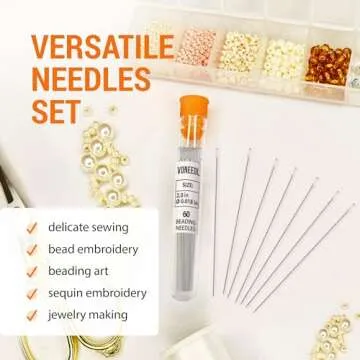 VONEEDL 60 Straight Beading Needles with Convenient Storage Tube Size 10-0.45mm (0.017in) Extra Fine Seed Beads Needles - Perfect Bead and Sequin Embroidery, Jewelry Making, Crafting, and DIY