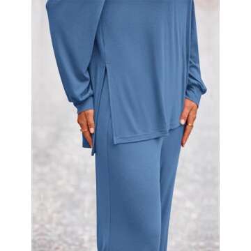 PRETTYGARDEN Womens 2024 Casual Lounge Sets Long Sleeve Tops Wide Leg Long Pants Fall Crewneck 2 Piece Outfits Tracksuits(Blue,X-Large)