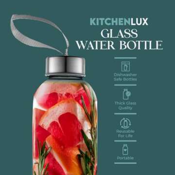Kitchen Lux 16 Ounce Glass Water Bottles, Reusable Water Bottles with Airtight, Pack of 6, Stainless...
