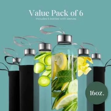 Kitchen Lux 16 Ounce Glass Water Bottles, Reusable Water Bottles with Airtight, Pack of 6, Stainless Steel Lids Carrying Strap And Nylon Water Bottle Protective Sleeves for Hot Or Cold Drinks