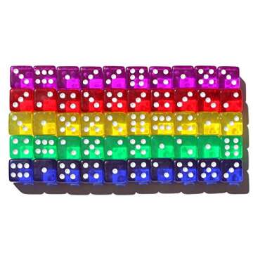 50 6-Sided Dice | 16mm | 5 Colors for Math and dice Games