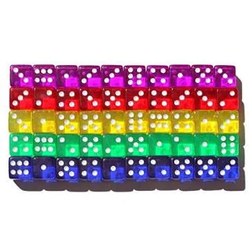 50 6-Sided Dice | 16mm | 5 Colors for Math and dice Games