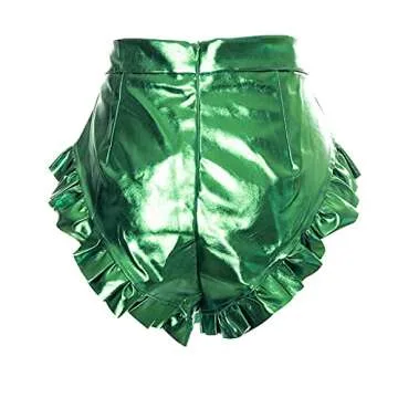 Women Sexy Shiny Metallic Shorts Y2k High Waist Ruffle Trim Shorts 90s Streetwear Bodycon Hot Pants for Night Out Clubwear (Green, Small)