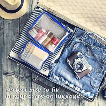 choshion 6pcs Clear Cosmetic Bags, TSA Approved Travel Toiletry Bag Set Transparent PVC Zipper Closure Cosmetic Bag Travel Essentials Makeup Bags Organization Blue