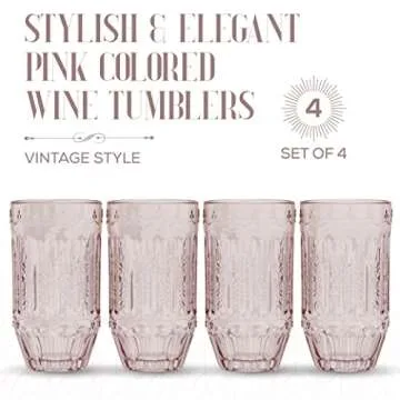 elle decor Highball Glasses | Set of 4 | Pink Colored Vintage Glassware Set | Colored Wine Tumbler |...