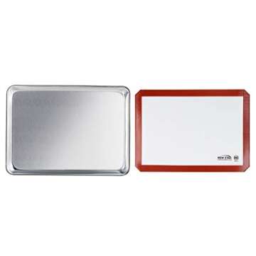 New Star Foodservice 38439 Commercial-Grade 18-Gauge Aluminum Sheet Pan/Bun Pan & Silicone Baking Mat Set, 13" L x 18" W x 1" H (Half Size)