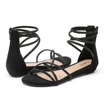 DREAM PAIRS Women's Ankle Strap Flat Sandals Summer Dressy Strappy Gladiator Rhinestones Sandals,Size 8,Black,Weitz