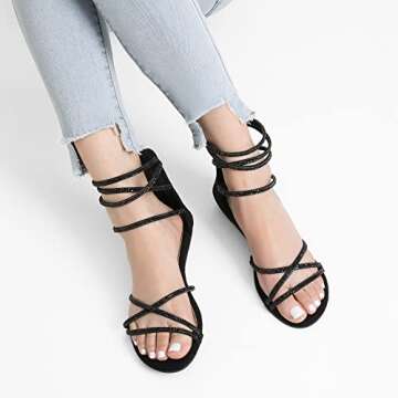 DREAM PAIRS Women's Ankle Strap Flat Sandals Summer Dressy Strappy Gladiator Rhinestones Sandals,Size 8,Black,Weitz