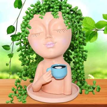 Toparad Face Flower Pots Head Planter, Cute Resin Planters for Indoor Outdoor Plants, Funny Succulent Face Vase with Drainage Hole and Tray (Beige)