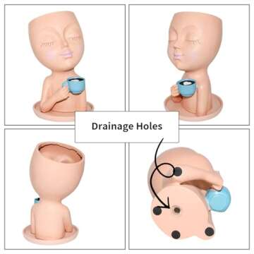 Toparad Face Flower Pots Head Planter, Cute Resin Planters for Indoor Outdoor Plants, Funny Succulent Face Vase with Drainage Hole and Tray (Beige)