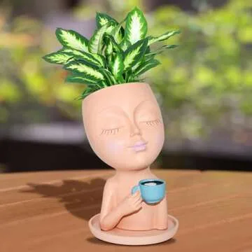 Toparad Face Flower Pots Head Planter, Cute Resin Planters for Indoor Outdoor Plants, Funny Succulent Face Vase with Drainage Hole and Tray (Beige)