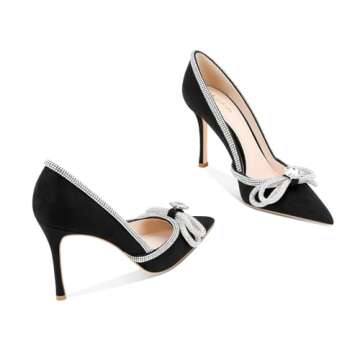 MSONLYDN Pointed Toe Pumps for Womens, Rhinestone Double Bow Wedding Bridal Party Stilettos Backless Satin Heeled Shoes,Black 6