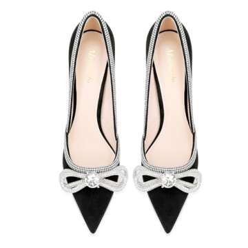 MSONLYDN Pointed Toe Pumps for Womens, Rhinestone Double Bow Wedding Bridal Party Stilettos Backless Satin Heeled Shoes,Black 6