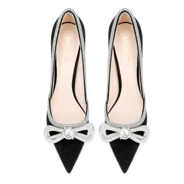 MSONLYDN Pointed Toe Pumps for Womens, Rhinestone Double Bow Wedding Bridal Party Stilettos Backless Satin Heeled Shoes,Black 6