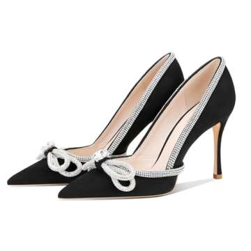 MSONLYDN Pointed Toe Pumps for Womens, Rhinestone Double Bow Wedding Bridal Party Stilettos Backless Satin Heeled Shoes,Black 6