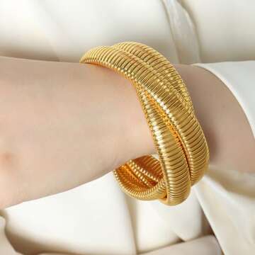 Abiotp Gold Chunky Bracelets Set for Women Stackable Wide Wristband Bangle Bracelets,Flexible Gold Stretch Snake Link Chain Bracelet Mom Wife Trendy Jewelry Gift (gold bracelet set)