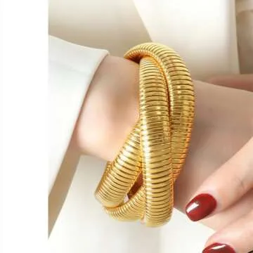 Abiotp Gold Chunky Bracelets Set for Women Stackable Wide Wristband Bangle Bracelets,Flexible Gold Stretch Snake Link Chain Bracelet Mom Wife Trendy Jewelry Gift (gold bracelet set)