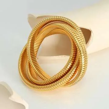 Abiotp Gold Chunky Bracelets Set for Women Stackable Wide Wristband Bangle Bracelets,Flexible Gold Stretch Snake Link Chain Bracelet Mom Wife Trendy Jewelry Gift (gold bracelet set)