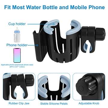 Accmor Stroller Cup Holder with Phone Holder, Bike Cup Holder, 2-in-1 Universal Cup Phone Drinks Holder for Stroller Walker Wheelchair, Black Grey