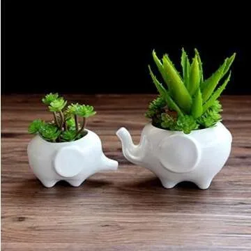 Gift Pro Elephant Plant Window Boxes With Tray Set of 2 Cute Elephant Flower Pot,Modern White Cerami...