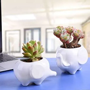 Gift Pro Elephant Plant Window Boxes With Tray Set of 2 Cute Elephant Flower Pot,Modern White Ceramic Succulent Planter Pots / Tiny Flower Plant Containers (Style 2)