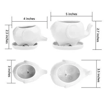 Gift Pro Elephant Plant Window Boxes With Tray Set of 2 Cute Elephant Flower Pot,Modern White Ceramic Succulent Planter Pots / Tiny Flower Plant Containers (Style 2)