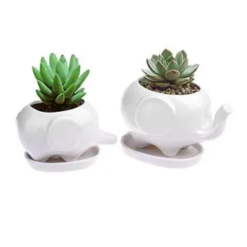 Gift Pro Elephant Plant Window Boxes With Tray Set of 2 Cute Elephant Flower Pot,Modern White Ceramic Succulent Planter Pots / Tiny Flower Plant Containers (Style 2)
