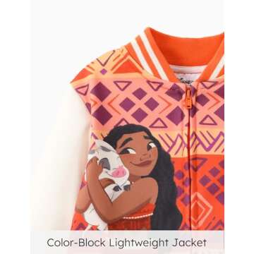 Disney Princess Moana Toddler Girls Varsity Bomber Letterman Baseball School Zip Up Jacket Trendy Tie-dye Print Lightweight Sweatshirt 3T