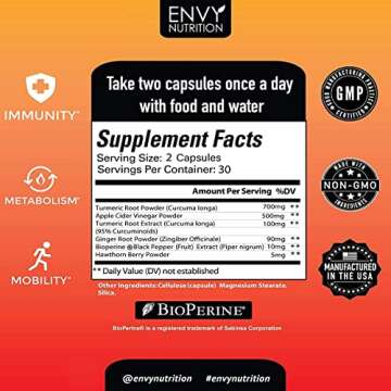 Envy Nutrition Turmeric & Ginger Supplement Capsules with Apple Cider Vinegar - Enhanced Immunity & Metabolism Support - 95% Curcuminoids, Bioperine (Black Pepper) for Superior Absorption - 60 Caps