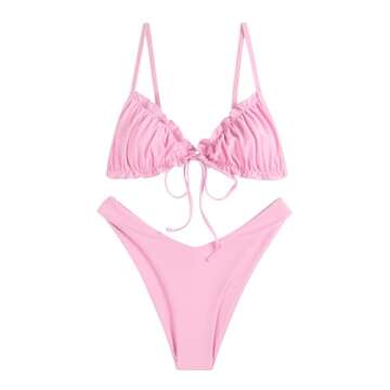 ZAFUL Women's Wrinkled Bikini Ruffles SolidTie Up Sexy Bikini Set Swimsuit Light Pink S