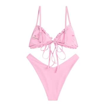 ZAFUL Women's Wrinkled Bikini Ruffles SolidTie Up Sexy Bikini Set Swimsuit Light Pink S