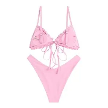 ZAFUL Women's Wrinkled Bikini Ruffles SolidTie Up Sexy Bikini Set Swimsuit Light Pink S