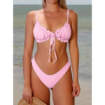 ZAFUL Women's Wrinkled Bikini Ruffles SolidTie Up Sexy Bikini Set Swimsuit Light Pink S