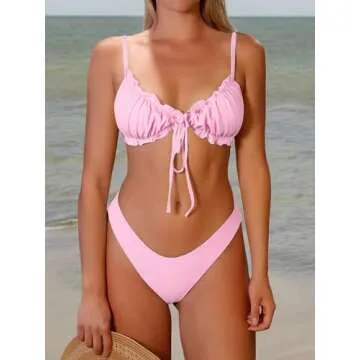 ZAFUL Women's Wrinkled Bikini Ruffles SolidTie Up Sexy Bikini Set Swimsuit Light Pink S