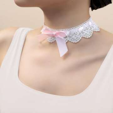 Hoodiess Kenfery Vintage Bow-Knot Choker Necklace Sexy Lace Collar Necklace Cute Pink Prom Party Bal...
